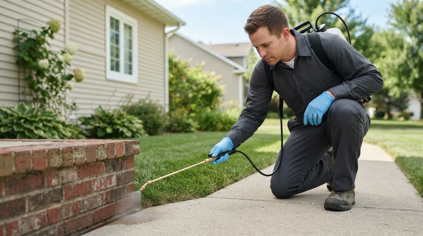 Pest control technician treating a home near Williamson, IA