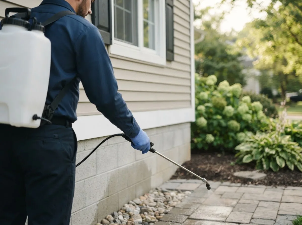 Pest control technician inspecting a home in Williamson, IA